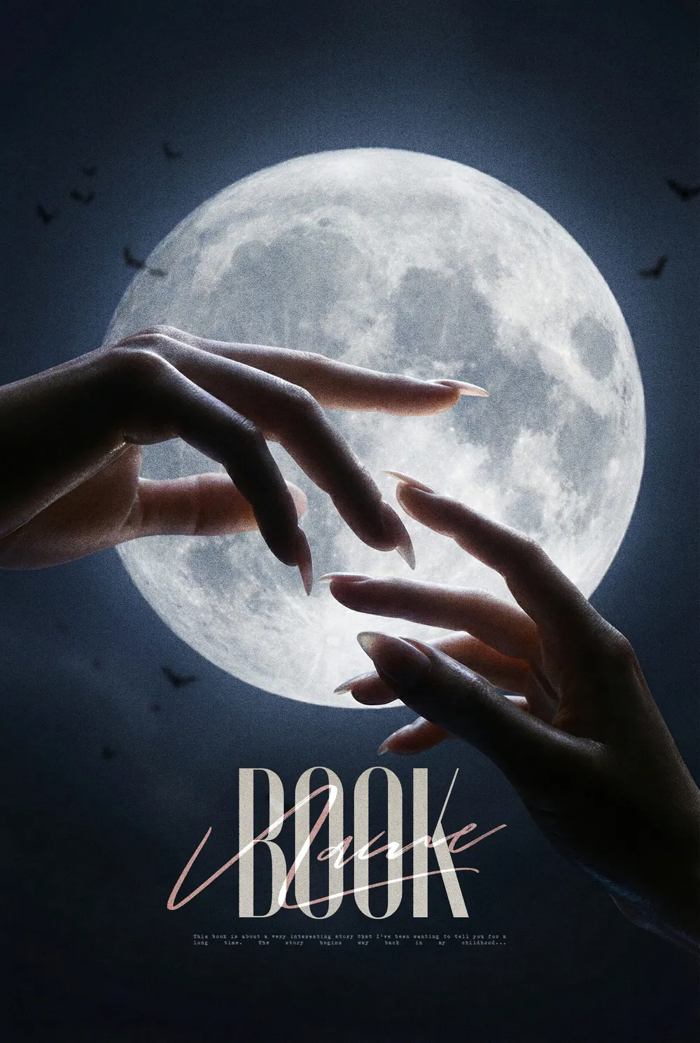 “Lunar Touch” book cover: Two hands almost touch before a large full moon.