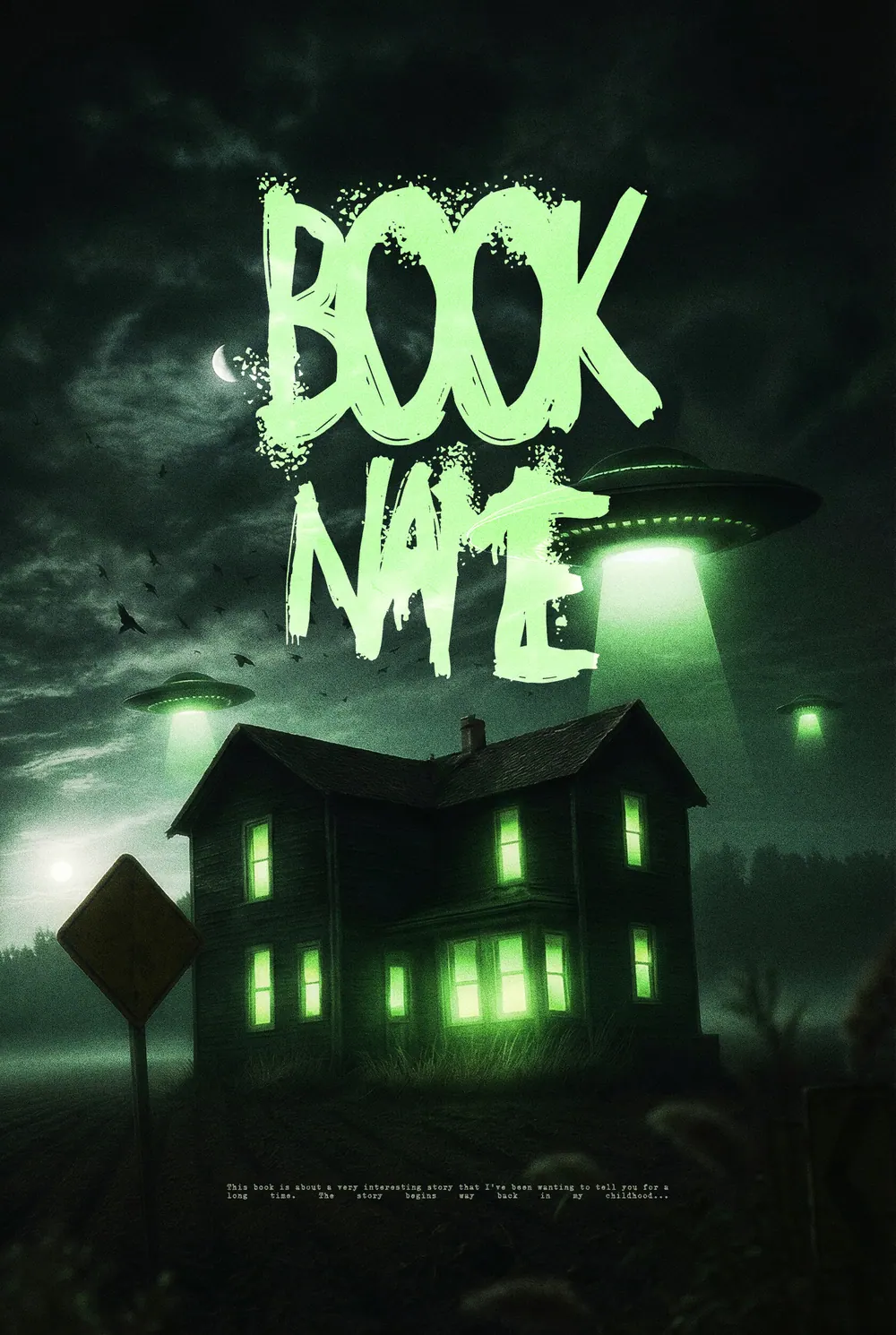 “Alien Night” book cover: A dark house with glowing green windows stands beneath a stormy night sky.