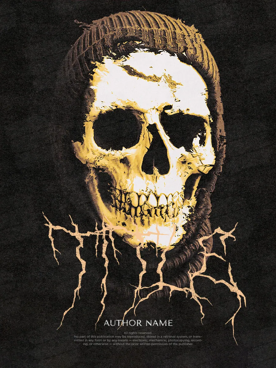 “Skull in the Shadows” book cover: A golden skull emerges from blackness among fine winding lines.