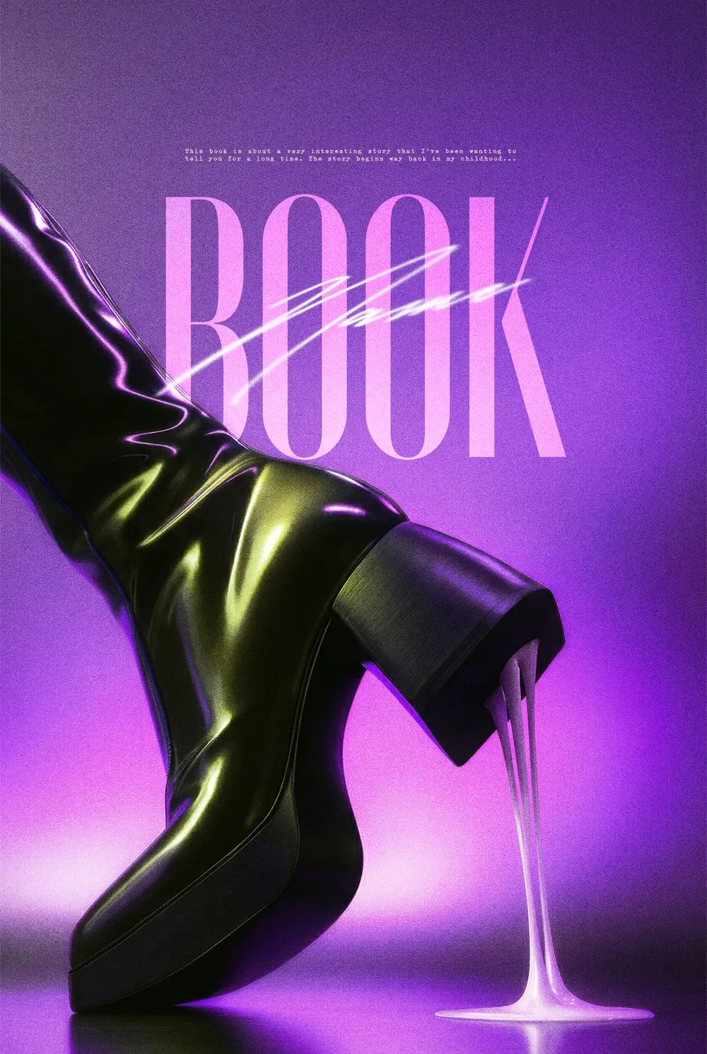 “Neon Adhesion” book cover: A glossy black shoe with flowing details stands out against purple.