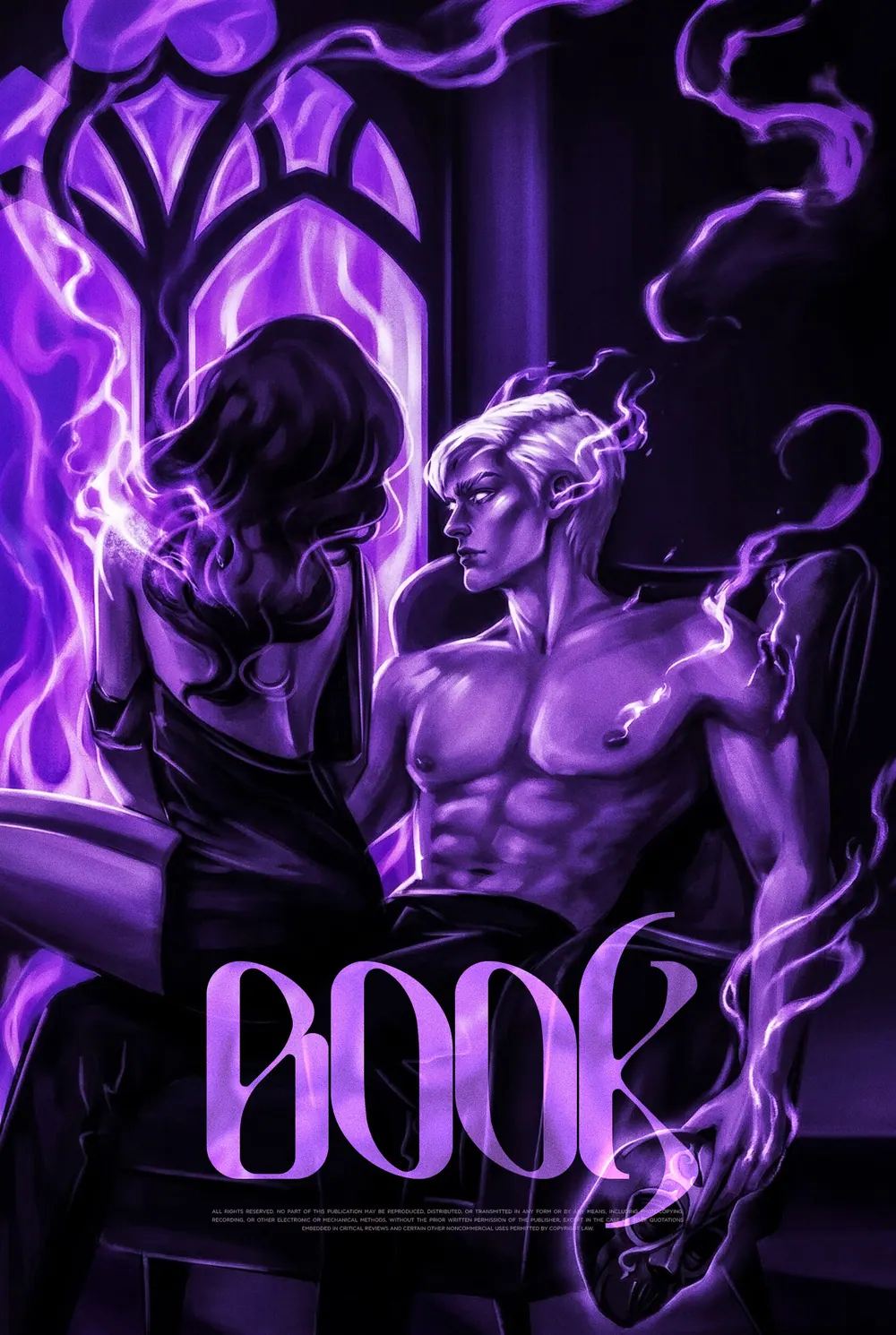 “Violet Sorcery” book cover: Violet sculptural figures and a skull suggest a dark magical world.