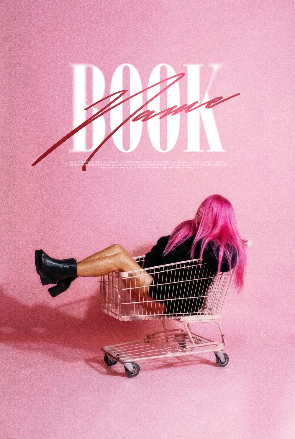 “Pink Rebellion” book cover: A pink-haired woman sits in a shopping trolley on pink.