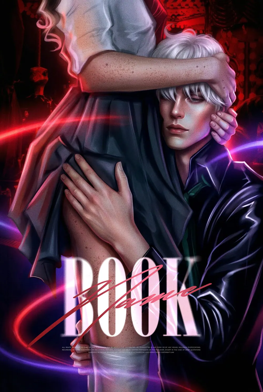 “Silver Affection” book cover: A man and woman embrace in vivid red-violet light.