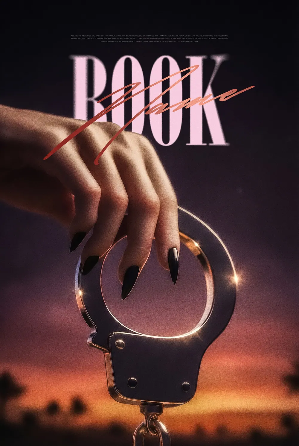 “Gilded Grip” book cover: A woman's hand holds handcuffs against a warm evening sky.