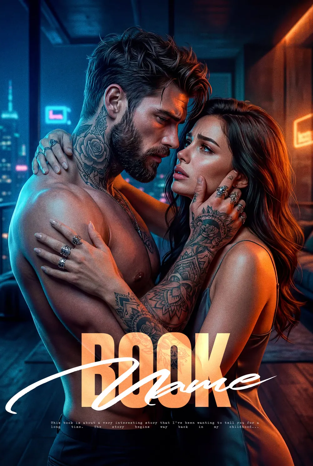“Neon Embrace” book cover: Lovers embrace in the blue and orange lights of a city at night.