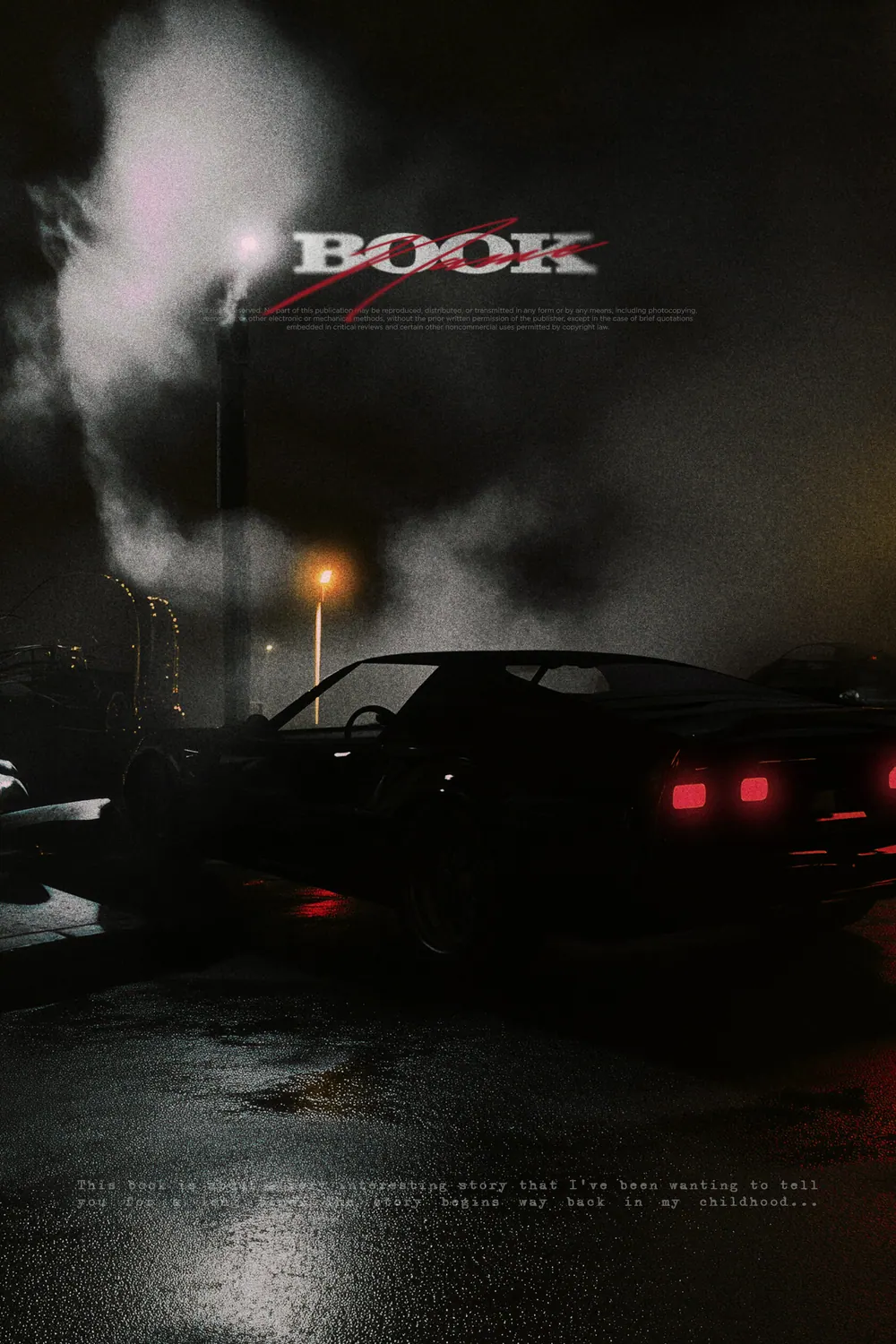 “Asphalt Noir” book cover: A car's red rear lights reflect on a wet road at night.