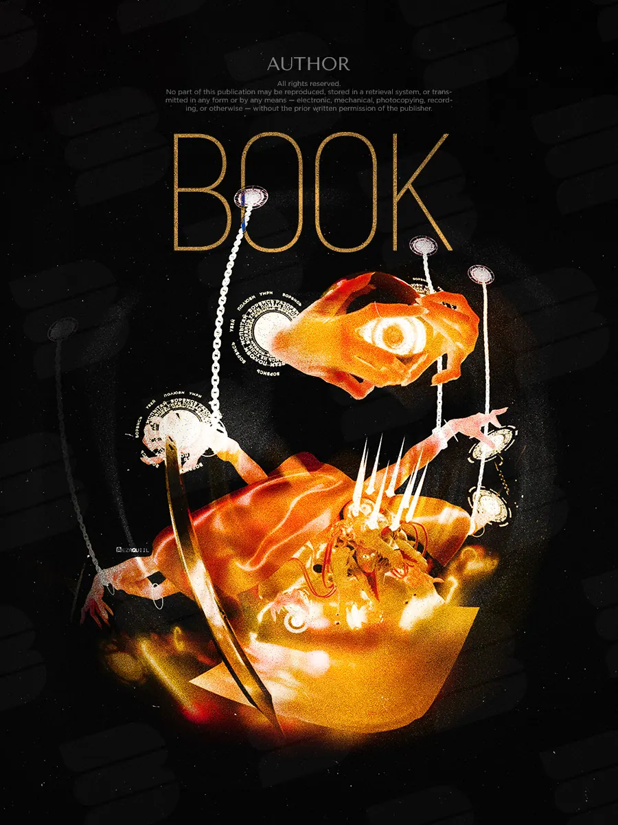 “Mechanical Deity” book cover: Golden mechanical parts float in darkness like a disassembled device.